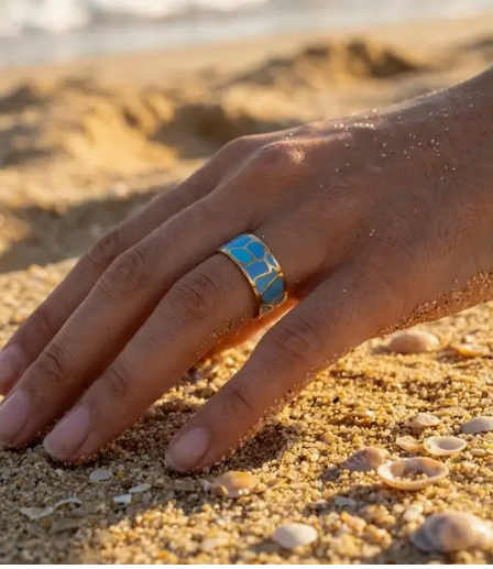 Bague bleue plaquée or réglable