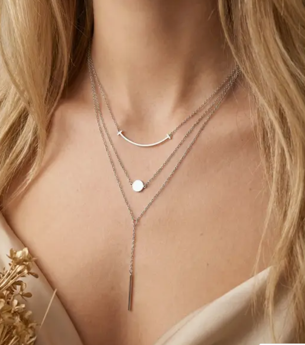 Collier multicouche argenté acier inoxydable 14 carats