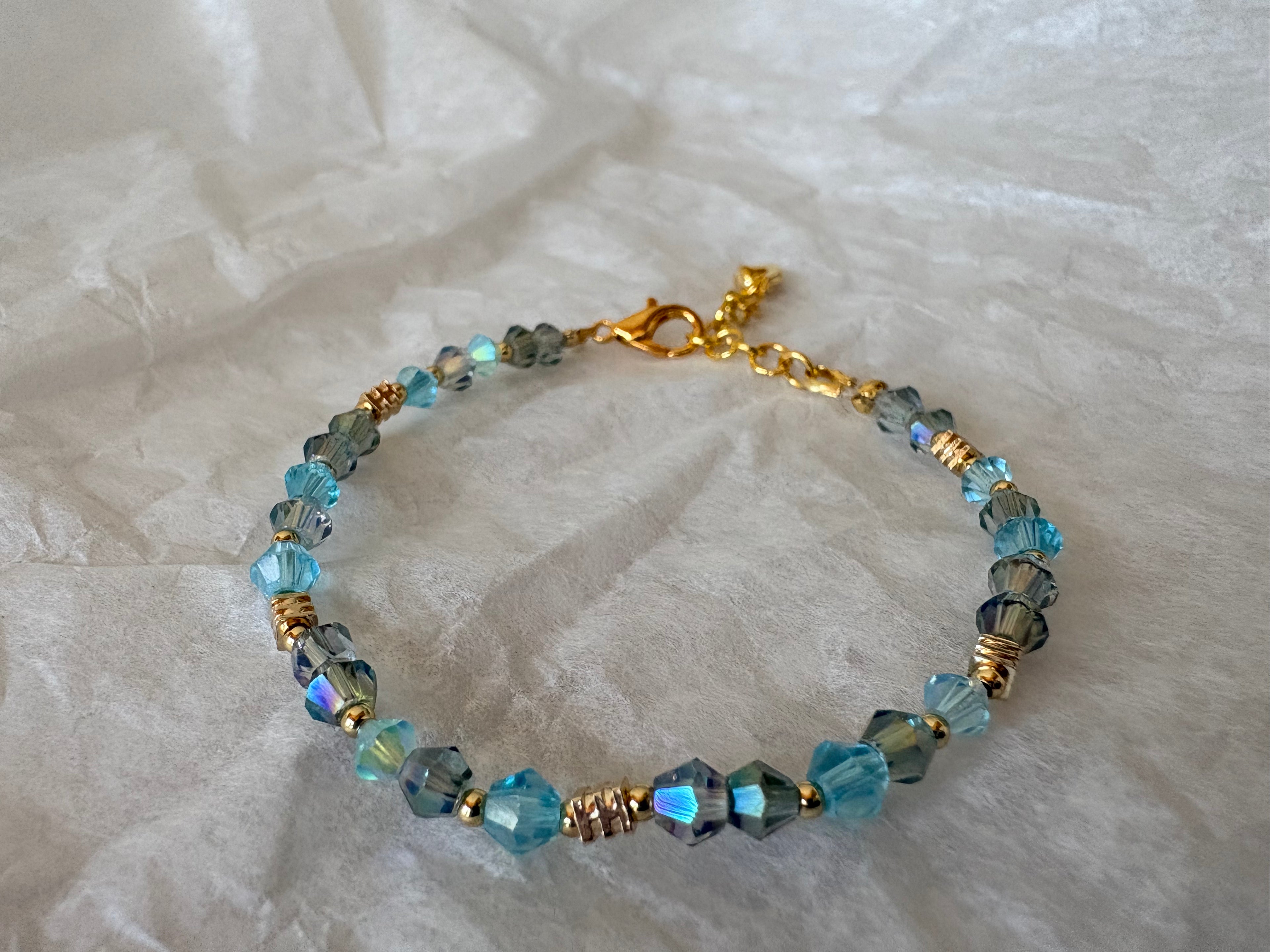 Bracelet Cristaux Swarovski Bleu/gris et Doré — Fait Main